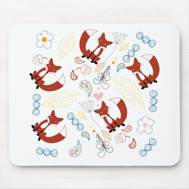Cute Hand Drawn Fox Hearts in Yellow Blue Pink Mouse Pad (Front)