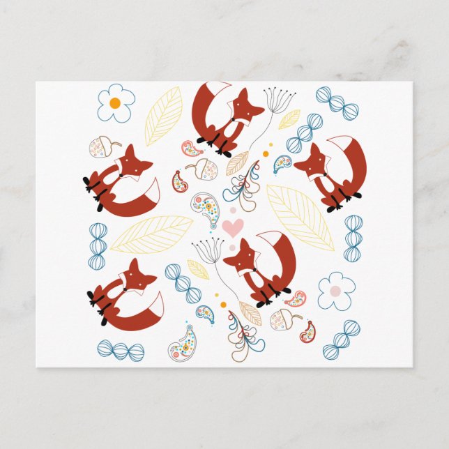 Cute Hand Drawn Fox Hearts in Yellow Blue Pink Postcard (Front)