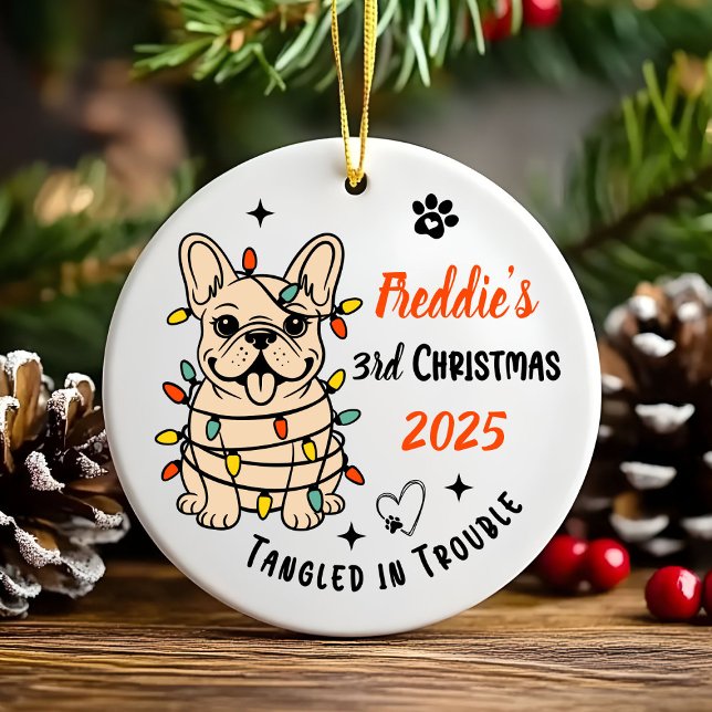 Cute Hand Drawn French Bulldog's First Christmas Ceramic Ornament (Hand drawn custom French Bulldog Ceramic Ornament)