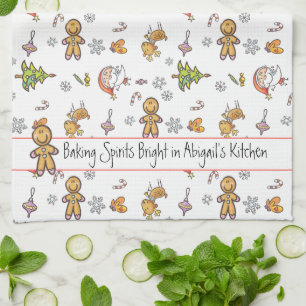 Cute Hand-drawn Gingerbread Baking Spirits Bright Tea Towel