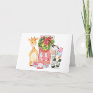 Cute Hand drawn Giraffe and Zebra Christmas Holiday Card