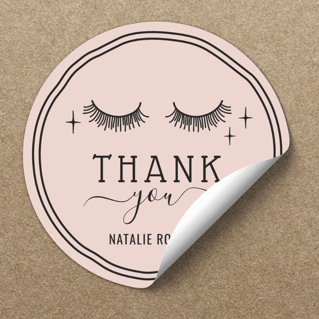 Cute Hand Drawn Girl Lashes Blush Pink Thank You Classic Round Sticker (Creator Uploaded)