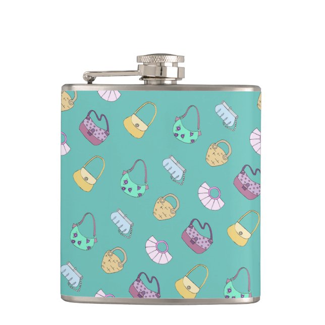 Cute Hand Drawn Handbags Doodles Pattern Teal Hip Flask (Front)