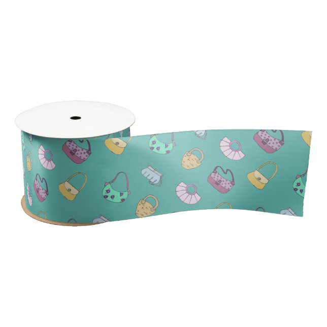 Cute Hand Drawn Handbags Doodles Pattern Teal Satin Ribbon (Spool)