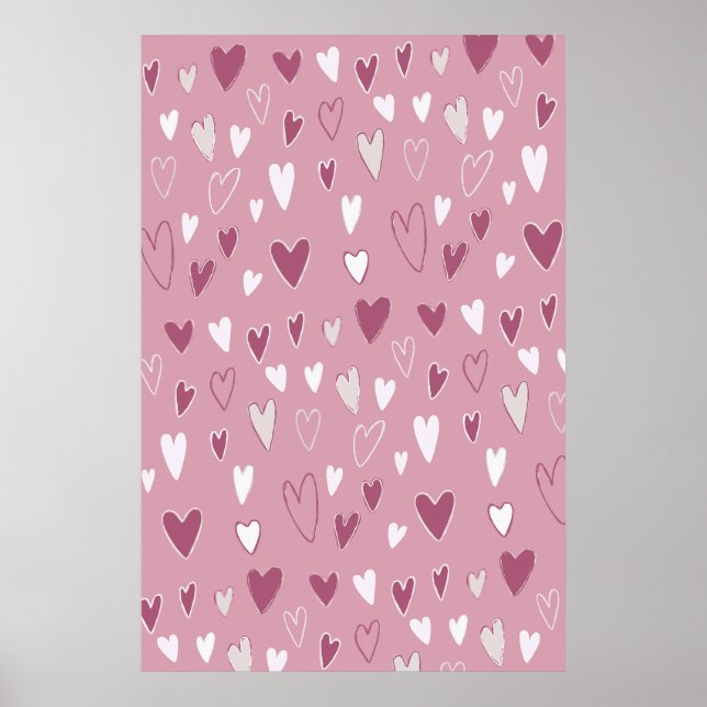 Cute Hand Drawn Hearts Pink White Poster (Front)