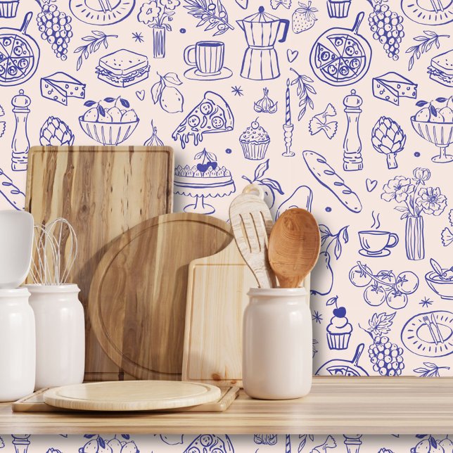 Cute Hand Drawn Italian Food and Flowers Kitchen Wallpaper (In situ)