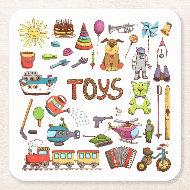 Cute Hand Drawn Kids Cartoon Toys Square Paper Coaster (Front)