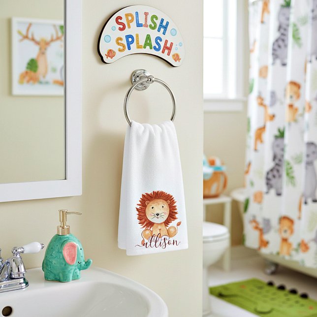 Cute hand drawn lion personalised kids towel (Creator Uploaded)