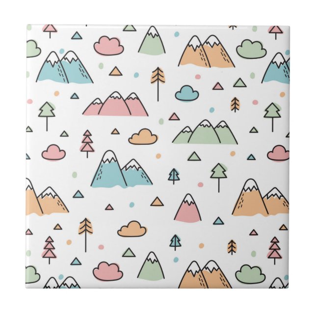 Cute Hand Drawn Mountain Scene Pattern Ceramic Tile (Front)