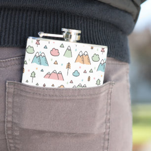 Cute Hand Drawn Mountain Scene Pattern Hip Flask