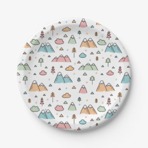 Cute Hand Drawn Mountain Scene Pattern Paper Plate