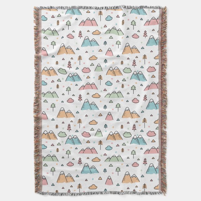 Cute Hand Drawn Mountain Scene Pattern Throw Blanket (Front Vertical)