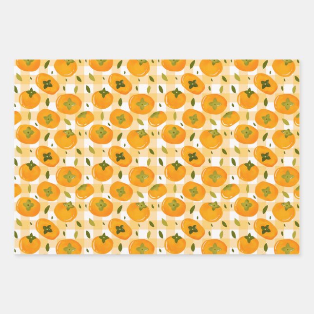 Cute Hand-Drawn Persimmons Seamless Pattern Wrapping Paper Sheet (Front)