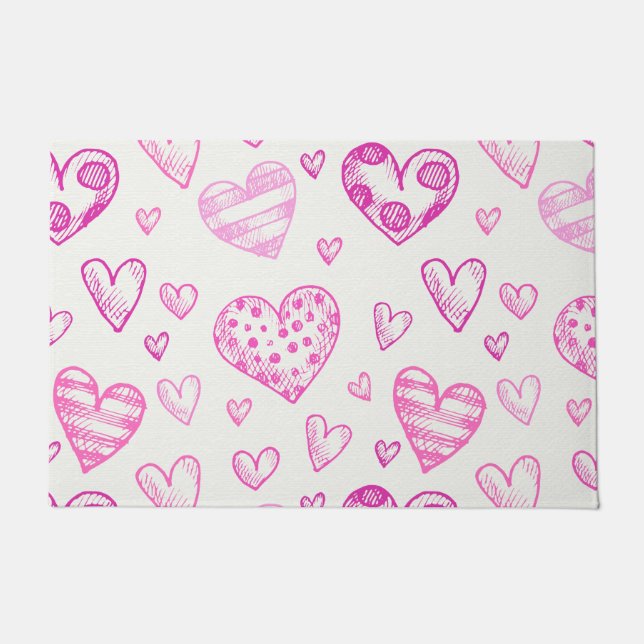 Cute Hand Drawn Pink Heart Valentine's Day Pattern Doormat (Front)