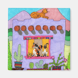 Cute Hand Drawn Purple Adobe House Cats Desert Magnet