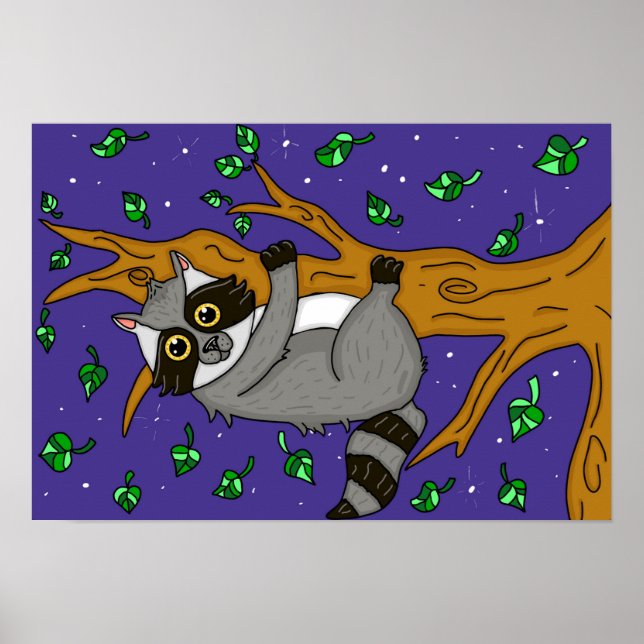 Cute Hand Drawn Racoon Hanging from Tree Branch Poster (Front)