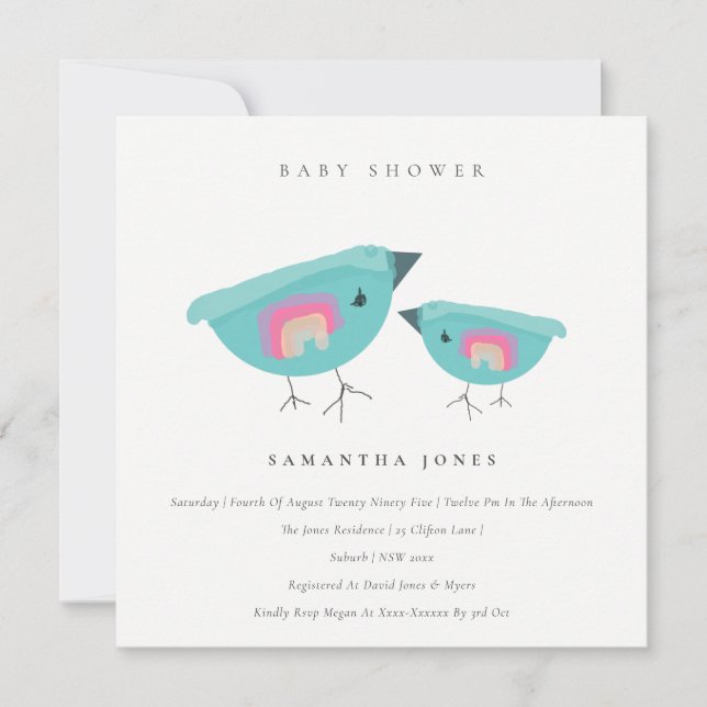 Cute Hand Drawn Rainbow Blue Birdy Baby Shower  Invitation (Front)