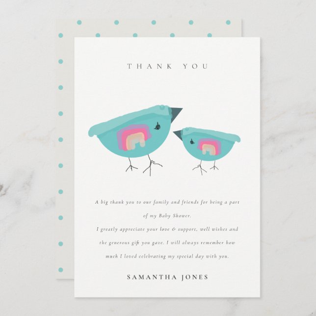 Cute Hand Drawn Rainbow Blue Birdy Baby Shower Thank You Card (Front/Back)