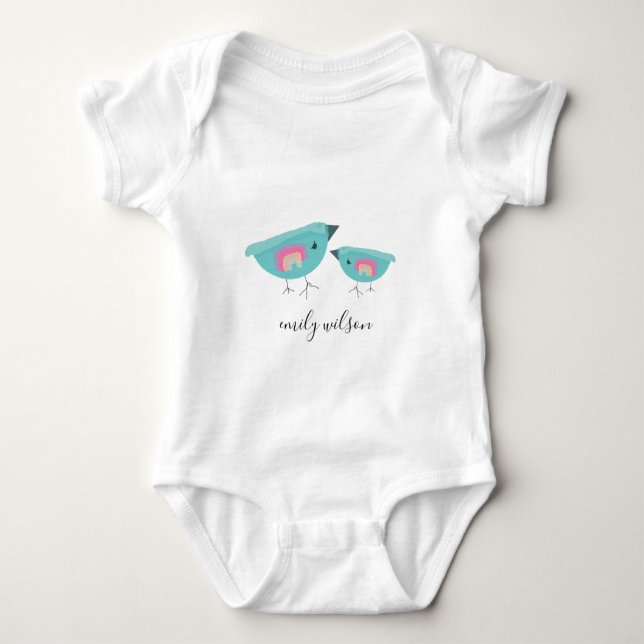 Cute Hand Drawn Rainbow Blue Birdy Mother Baby Bodysuit (Front)