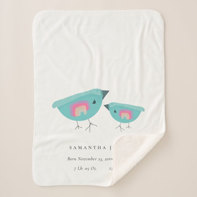 Cute Hand Drawn Rainbow lue Birdy Baby Birth Stat Sherpa Blanket (Front)