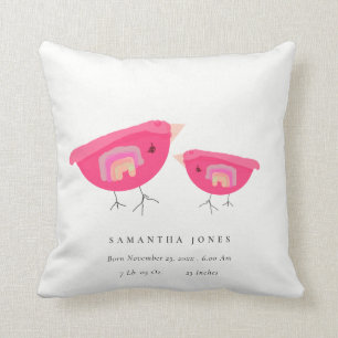 Cute Hand Drawn Rainbow Pink Birdy Baby Birth Stat Cushion
