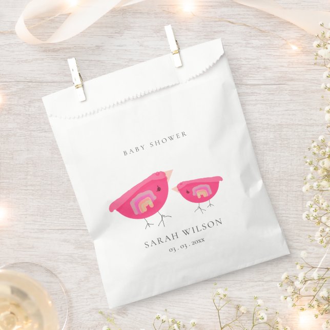 Cute Hand Drawn Rainbow Pink Birdy Baby Shower Favour Bag (Clipped)