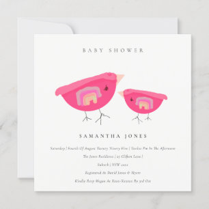 Cute Hand Drawn Rainbow Pink Birdy Baby Shower Invitation