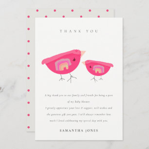 Cute Hand Drawn Rainbow Pink Birdy Baby Shower Thank You Card