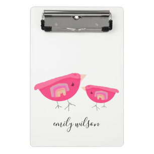 Cute Hand Drawn Rainbow Pink Birdy Mother Baby Mini Clipboard