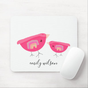 Cute Hand Drawn Rainbow Pink Birdy Mother Baby Mouse Pad