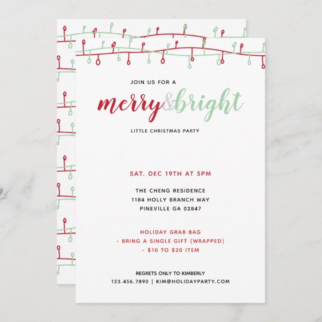 Cute Hand Drawn Red & Green Christmas Lights Party Invitation (Front/Back)