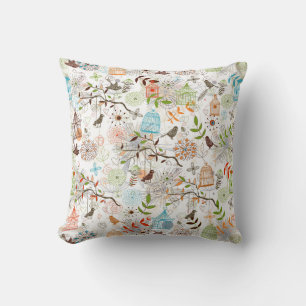Cute Hand Drawn Sketch of Birds and Bird Cages Cushion