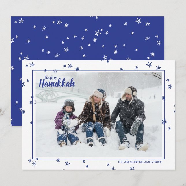 Cute Hand Drawn Stars Happy Hanukkah Family Holiday Card (Front/Back)