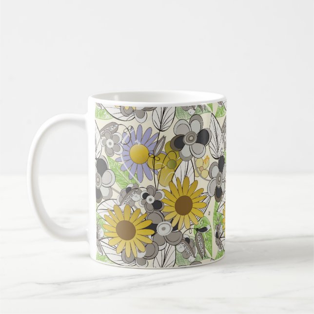 Cute Hand Drawn Sunflower and Butterfly Pattern Coffee Mug (Left)