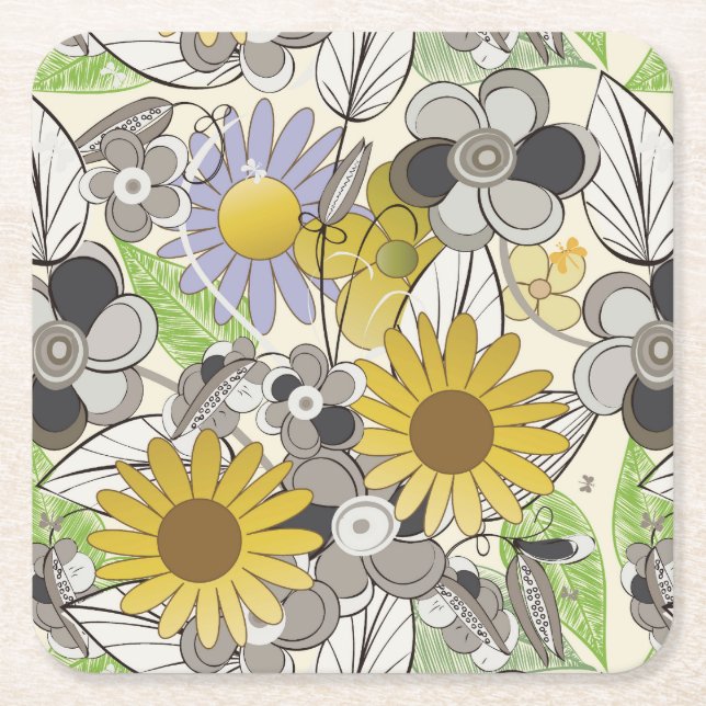 Cute Hand Drawn Sunflower and Butterfly Pattern Square Paper Coaster (Front)