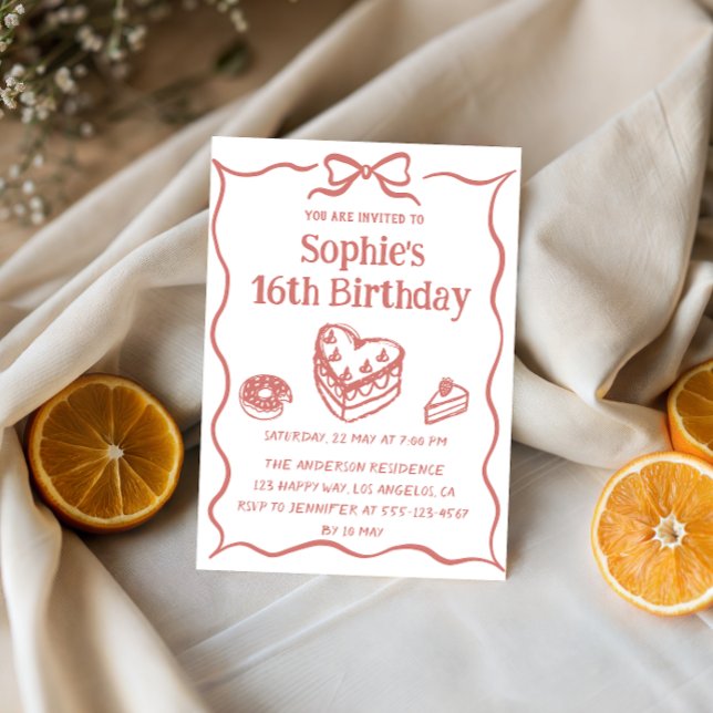 Cute Hand-Drawn Sweets & Ribbon Sweet 16 Birthday Invitation (Creator Uploaded)