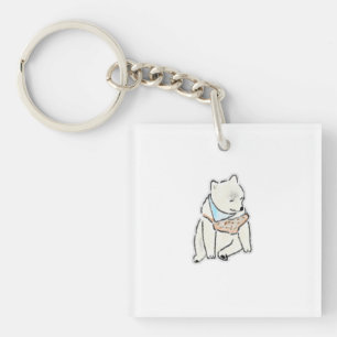 Cute Hand-Drawn Tired White Dog with Bandanna Key Ring