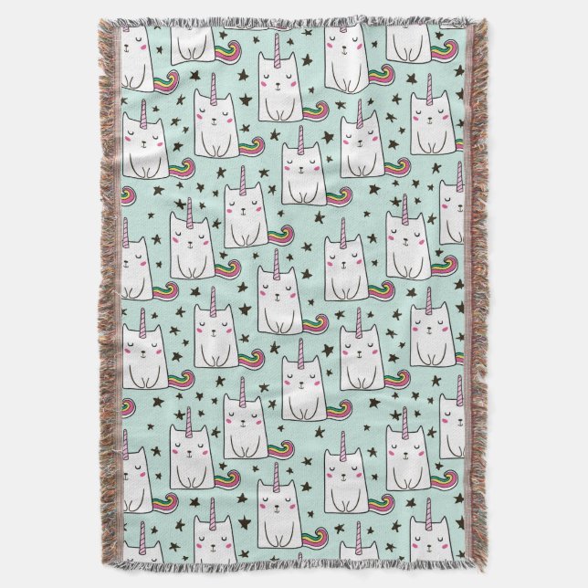 Cute Hand Drawn Unicorn Cat Pattern Throw Blanket (Front Vertical)