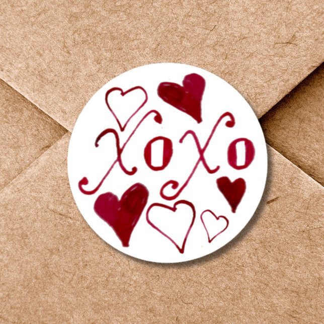 Cute Hand-Lettered XOXO Romantic Valentine's Day Classic Round Sticker (This hand-lettered Valentine's Day calligraphy design can lend elegance to your envelopes.)
