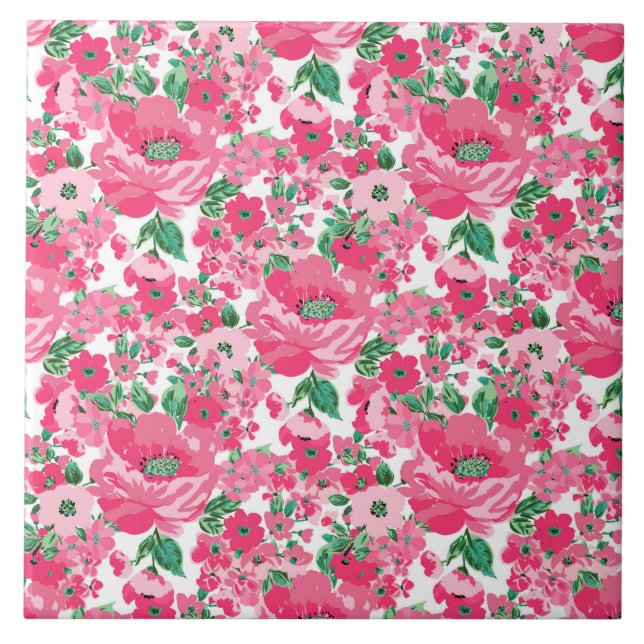 Cute Hand Paint Pink Flowers Elegant White Design Ceramic Tile (Front)