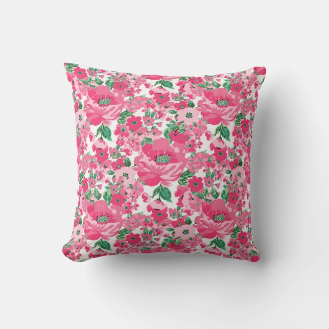 Cute Hand Paint Pink Flowers Elegant White Design Cushion (Front)