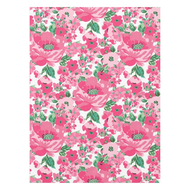 Cute Hand Paint Pink Flowers Elegant White Design Tablecloth (Front)