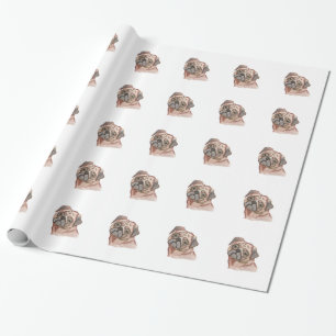 Cute Hand Painted Black Brown Watercolor Pug Dog Wrapping Paper