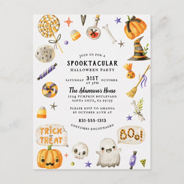 Cute Hand Painted Spooktacular Halloween Party Holiday Postcard (Front)