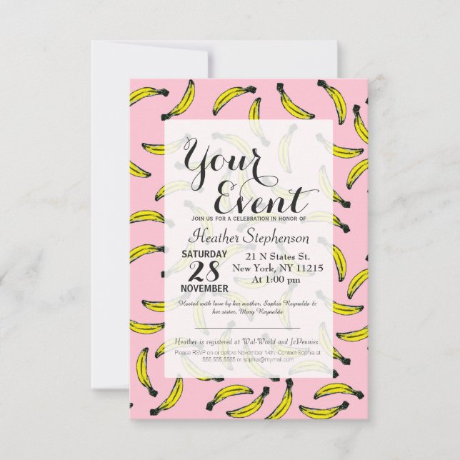 Cute Hand Painted Watercolor Bananas and Pink Invitation (Front)
