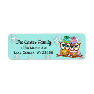 Cute hand painted watercolor owls teal snowflakes return address label
