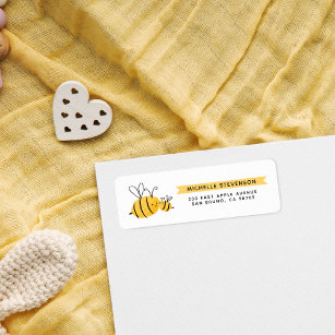 Cute Handdrawn Bees & Yellow Banner Return Address Return Address Label