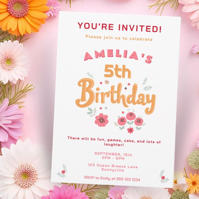 Cute Handlettering Flowers Floral Girl's Birthday Invitation (Creator Uploaded)