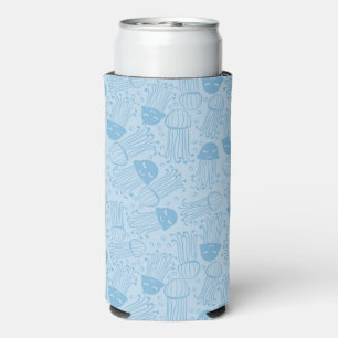 Cute handmade jelly fish pattern blue background seltzer can cooler