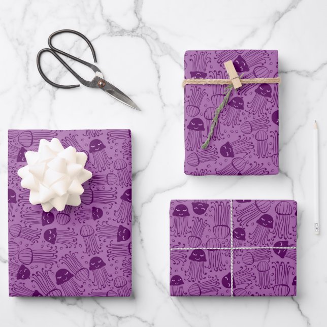 Cute handmade jelly fish pattern purple background wrapping paper sheet (Front)